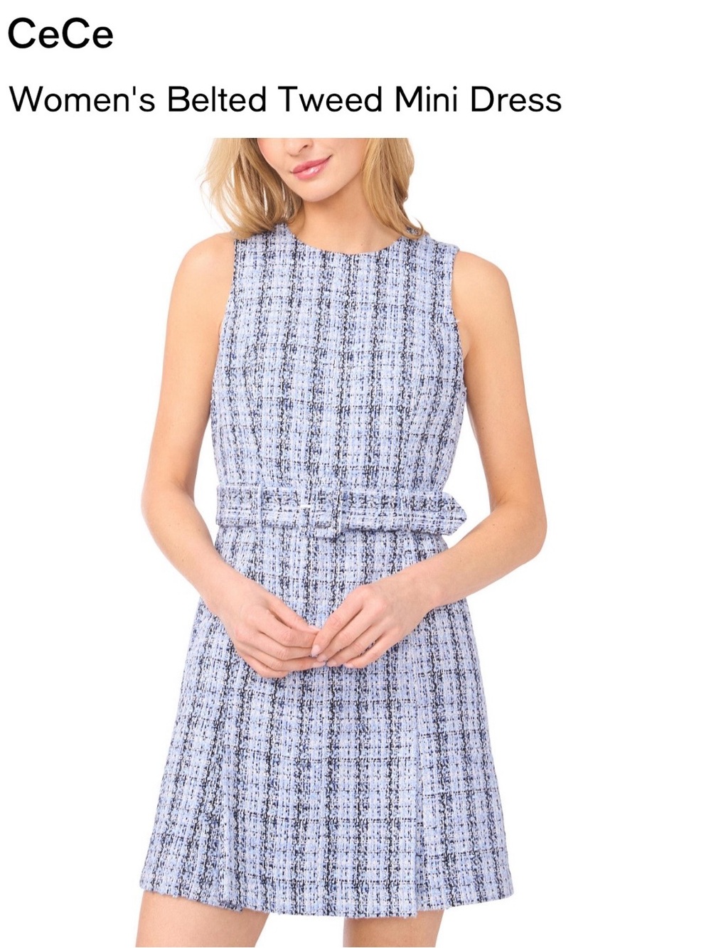 CeCe Blue and White Tweed Belted Mini Skirt